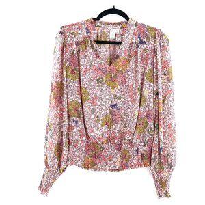 Joie Smocked Floral Sheer Top Womens S Pink Boho Bohemian Cottagecore Grannycore